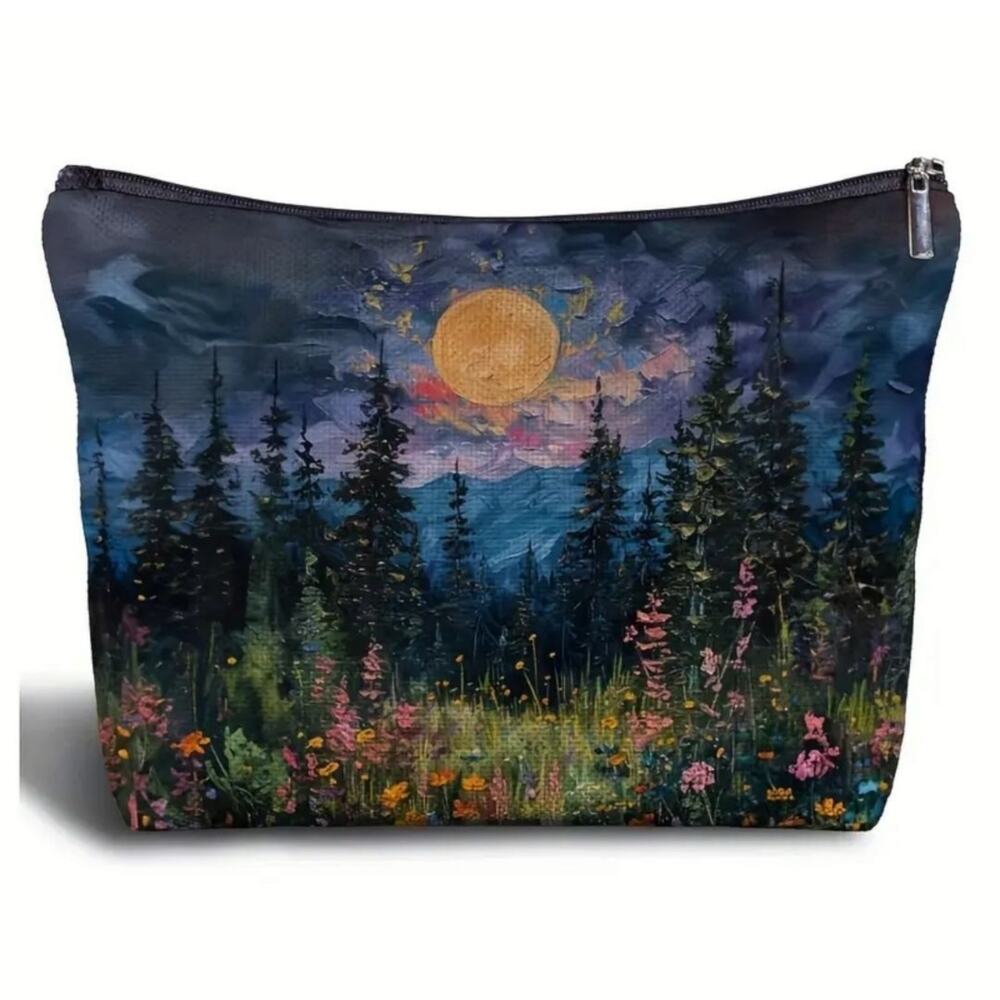 Forest Moonrise Cosmetic Bag Nature Scene Makeup Pouch Travel Organizer